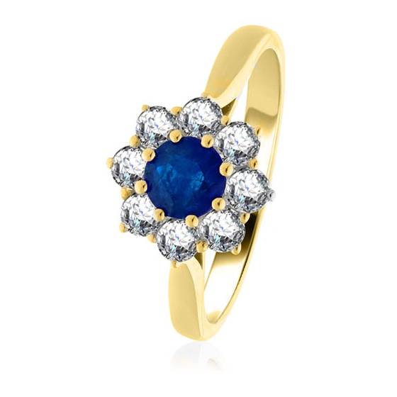 0.60ct VS/E-F Blue Sapphire and Natural Diamond Cluster Ring in 18k Yellow Gold