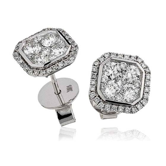 1.15ct VS/F-G Natural Round Diamond Cluster Earrings in 18k White Gold
