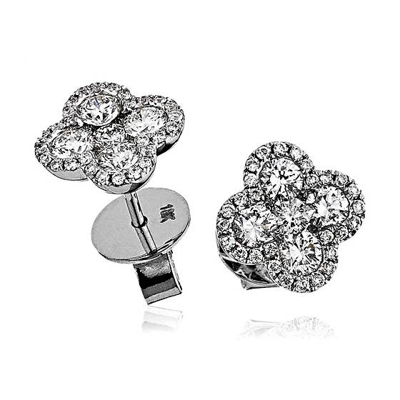 1.20ct VS/E-F Clover Natural Round Diamond Cluster Earrings in 18k White Gold