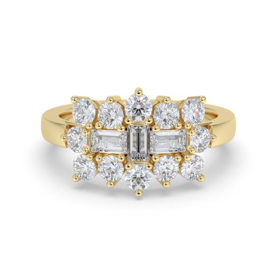 0.50ct VS/E-F Elegant Round and Natural Baguette Diamond Dress Ring in 18k Yellow Gold