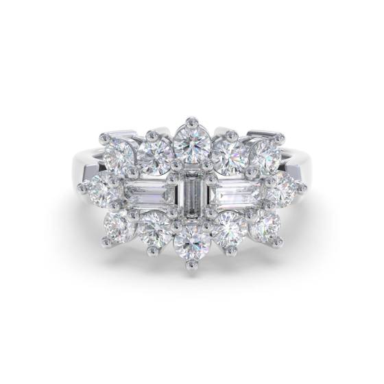 2.00ct VS/F-G Round and Natural Baguette Diamond Ring in 18k White Gold