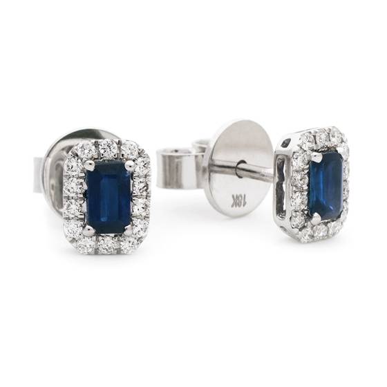 0.85ct VS/E-F Natural Emerald Blue Sapphire and Diamond Cluster Earrings in 18k White Gold