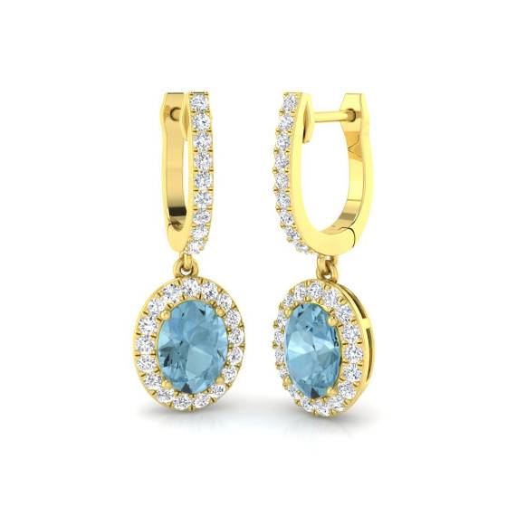 Aquamarine Oval and Round Diamond Halo Drop Earrings