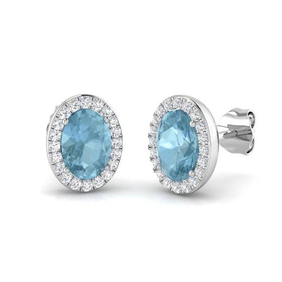 Oval Aquamarine and Round Diamond Halo Earrings
