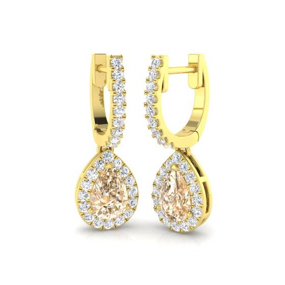 Pear Morganite and Round Diamond Halo Drop Earrings