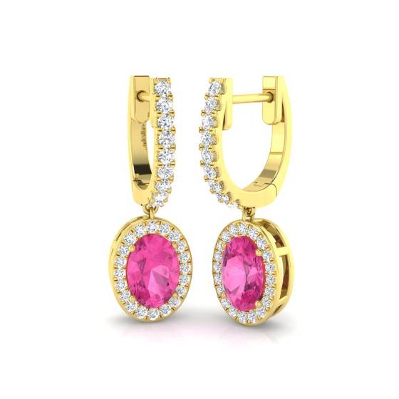 Pink Oval Sapphires and Round Diamond Halo Drop Earrings