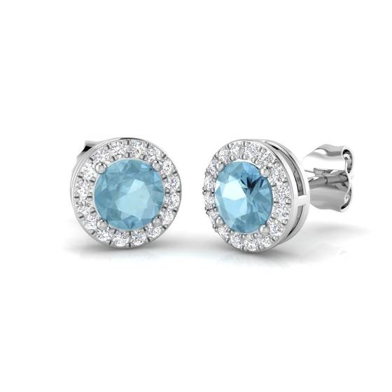 Round Aquamarine and Round Diamond Halo Earrings