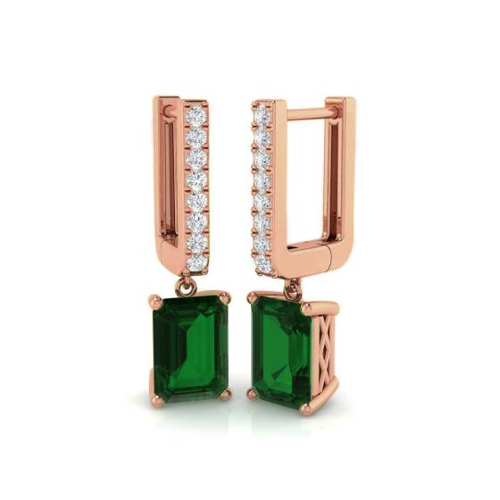 Green Emerald Gemstone and Round Diamond Drop Earrings