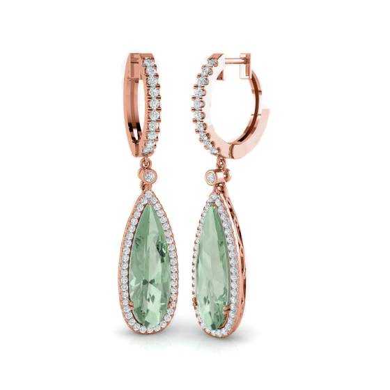 Pear Green Amethyst and Round diamond Halo Drop Earrings