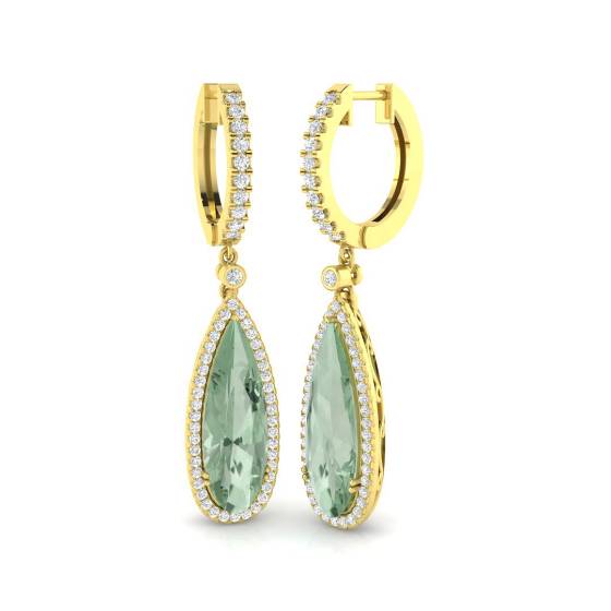 Pear Green Amethyst and Round diamond Halo Drop Earrings