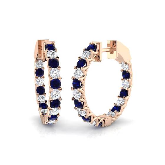 Round Blue Sapphire Gemstone and Diamond Hoop Earrings
