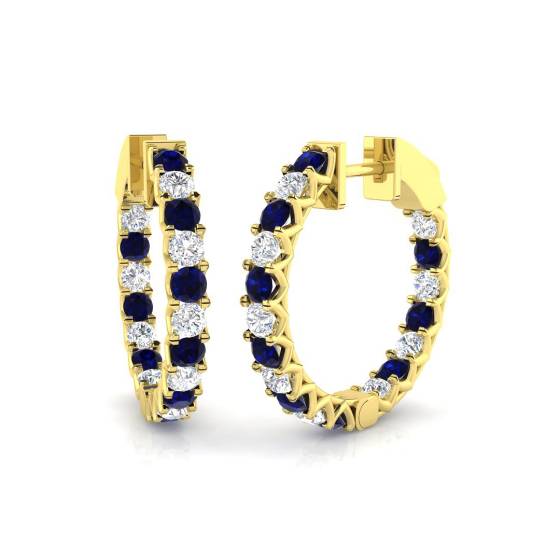 Round Blue Sapphire Gemstone and Diamond Hoop Earrings