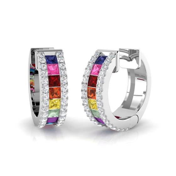 Round Diamond and Princess Multistone Hoop Earrings