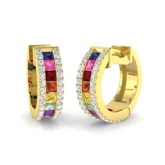 Round Diamond and Princess Multistone Hoop Earrings