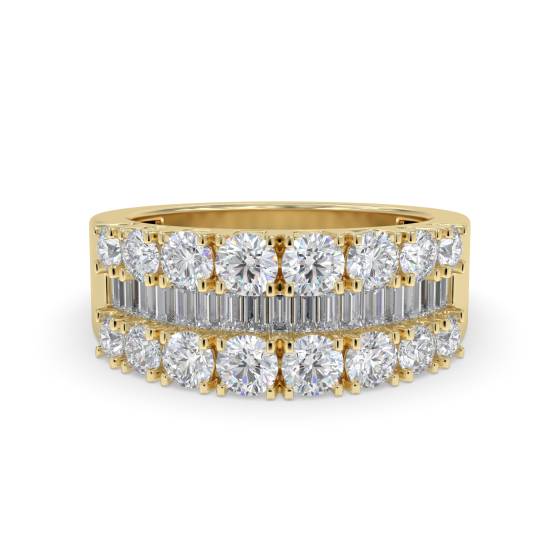 3.00ct VS/F-G Round and Natural Baguette Diamond Dress Ring in 18k Yellow Gold