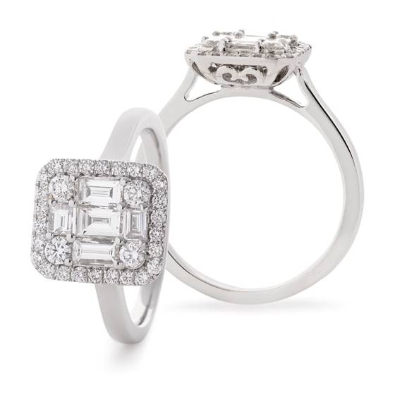 0.75 VS/F-G Modern Round and Natural Baguette Diamond Cluster Ring in 18k White Gold
