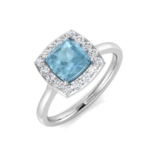 Cushion Aquamarine and Round Diamond Halo Ring