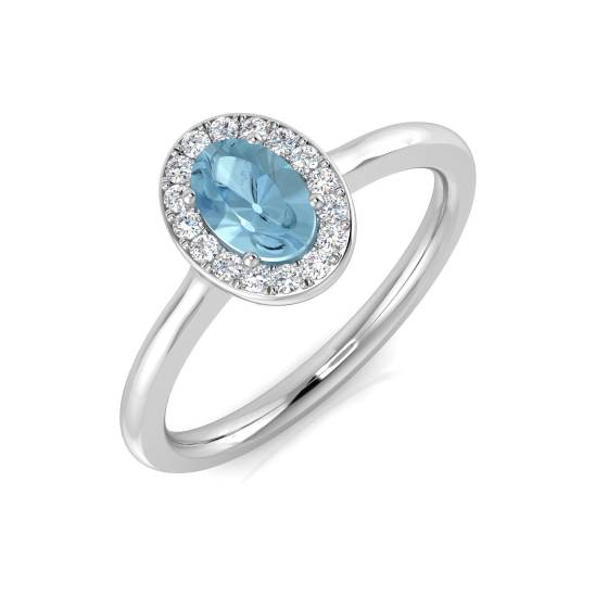 Oval Aquamarine and Round Diamond Halo Ring