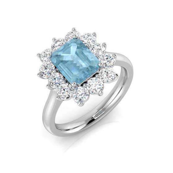 Emerald Aquamarine and Round Diamond Halo Ring