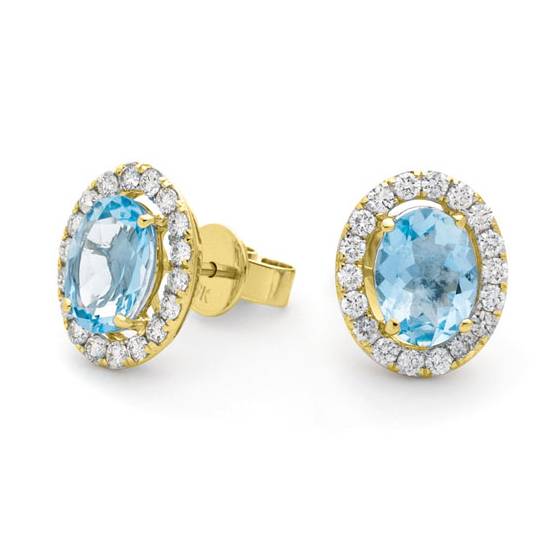 Oval Aquamarine and Round Diamond Halo Earrings