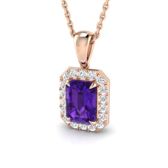 Emerald Amethyst and Round Diamond Halo Pendant