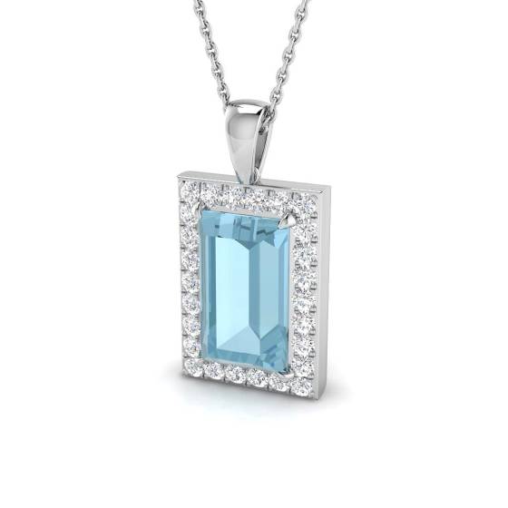 Emerald Aquamarine and Round Diamond Halo Pendant