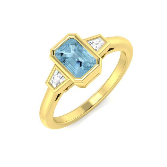 Emerald Aquamarine and Baguette Diamond Bezel Set Trilogy Ring