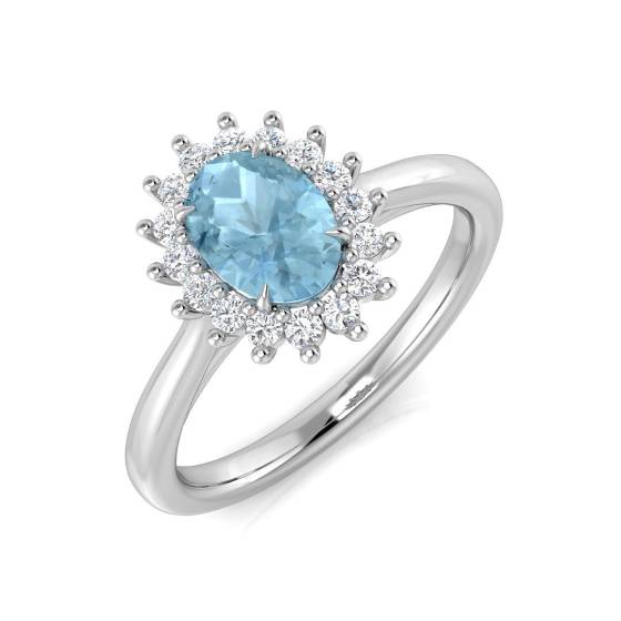 Oval Aquamarine and Round Diamond Halo Ring