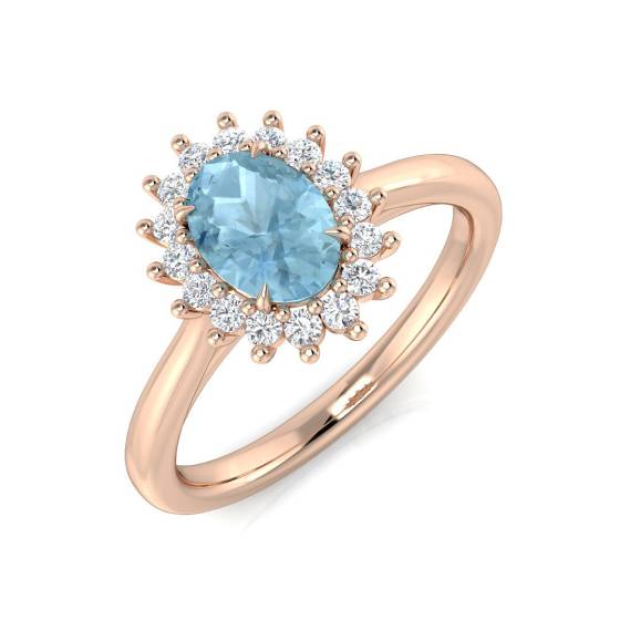 Oval Aquamarine and Round Diamond Halo Ring