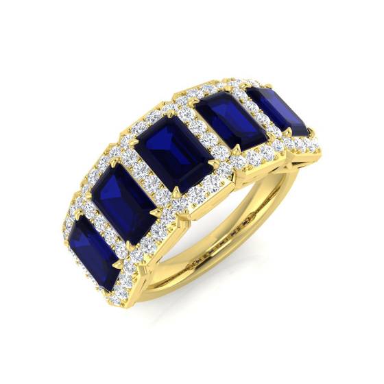 Blue Sapphire Emerald and Round Diamond Halo 5 Stone Ring