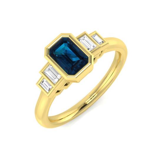 Blue Topaz Emerald and Baguette Diamond Bezel Set Side Stone Ring