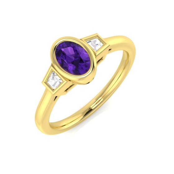 Oval Amethyst and Baguette Diamond Bezel Set Side Stone Ring