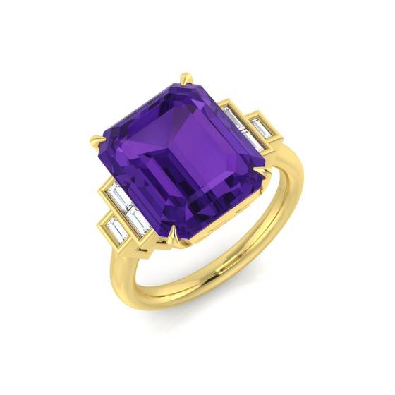 Emerald Amethyst and Baguette Diamond Bezel Set Side Stone Ring