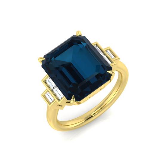 Blue Topaz Emerald and Baguette Cut Diamond Bezel Set Side Stone Ring