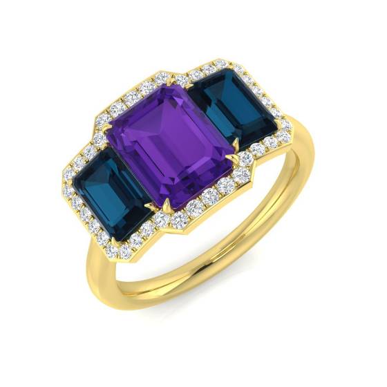 Blue Topaz and Amethyst Gemstone and Round Diamond Halo Trilogy Ring