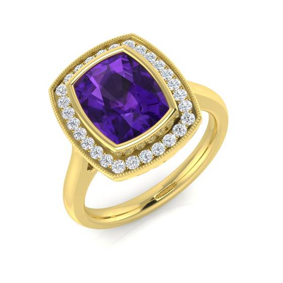Cushion Amethyst and Round Diamond Bezel Set Halo Ring