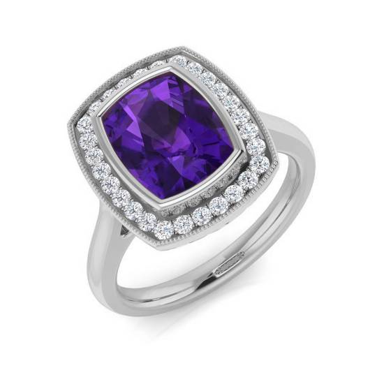 Cushion Amethyst and Round Diamond Bezel Set Halo Ring