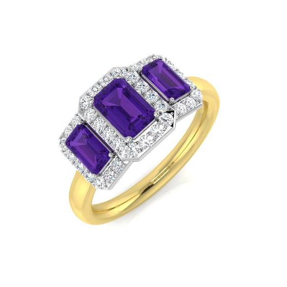 Purple Emerald Amehyst and Round Diamond Trilogy Ring