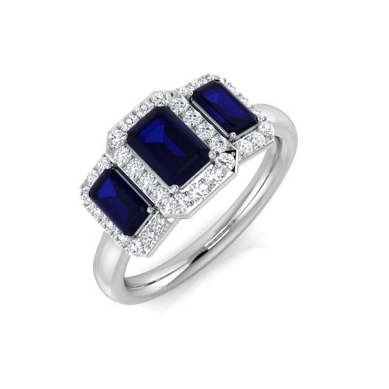 Emerald Blue Sappgire and Round Diamond Trilogy Ring