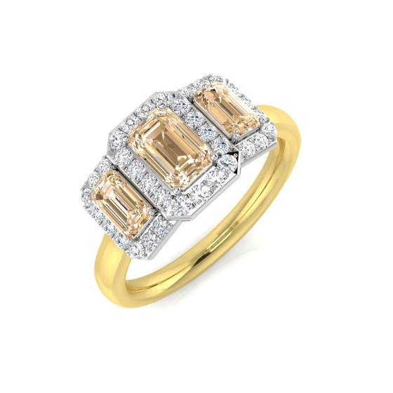 Emerald Morganite and Round Diamond Halo Trilogy Ring