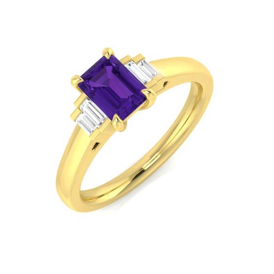 Emerald Amethyst and Baguette Diamond Side Stone Ring