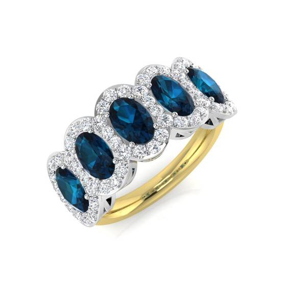 Oval Blue Topaz and Round Diamond Halo 5 Stone Ring
