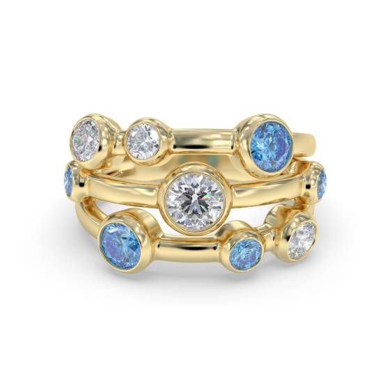Blue Topaz Round and Diamond Bezel Set Bubble Ring