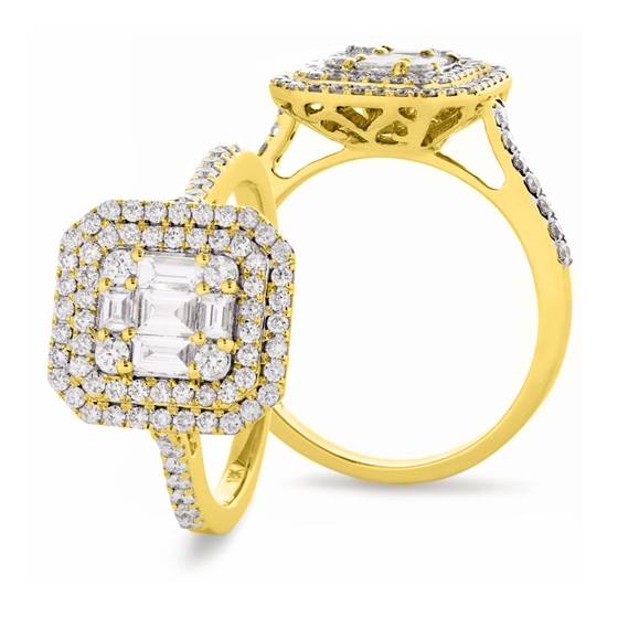 0.90ct VS/E-F Baguette and Round Natural Cluster Diamond Ring in 18k Yellow Gold