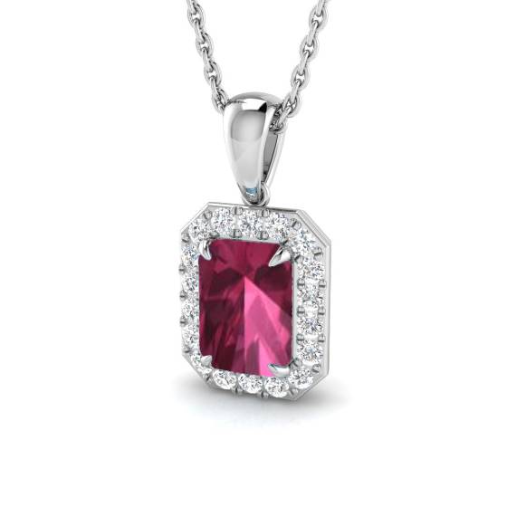 1.30ct SI2/G Emerald cut Pink Tourmaline Gemstone Pendant in 18k White Gold