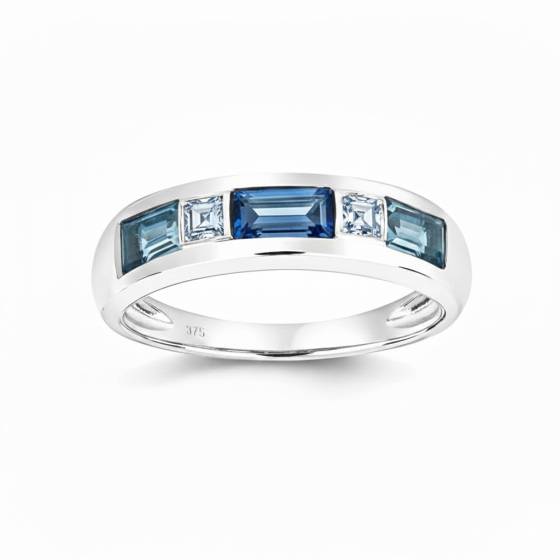 1.00ct Princess and Baguette Mens Blue Sapphire Bezel Set Ring