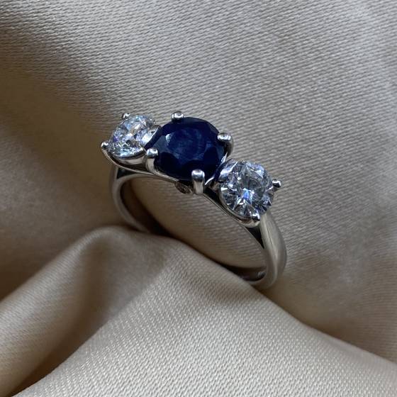 2.10ct SI/G Blue Sapphire Round Cut Gemstone Hidden Stone Trilogy Ring in 18k White Gold