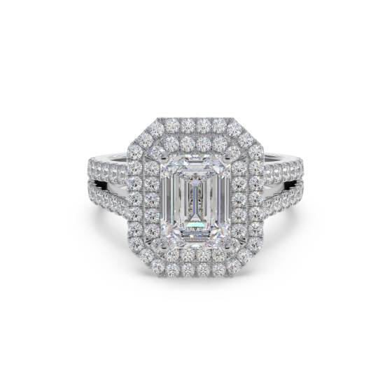 Emerald Diamond Halo Shoulder Set Ring