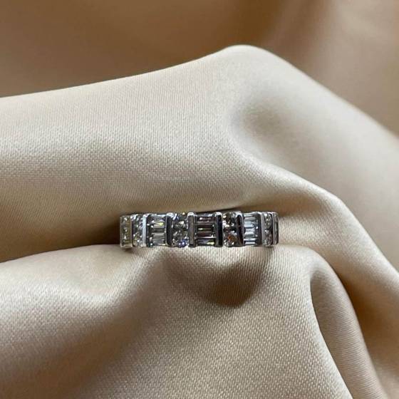 1.10ct VS/G-H Baguette and Natural Round Cut Diamond Half Eternity Ring in 9k White Gold