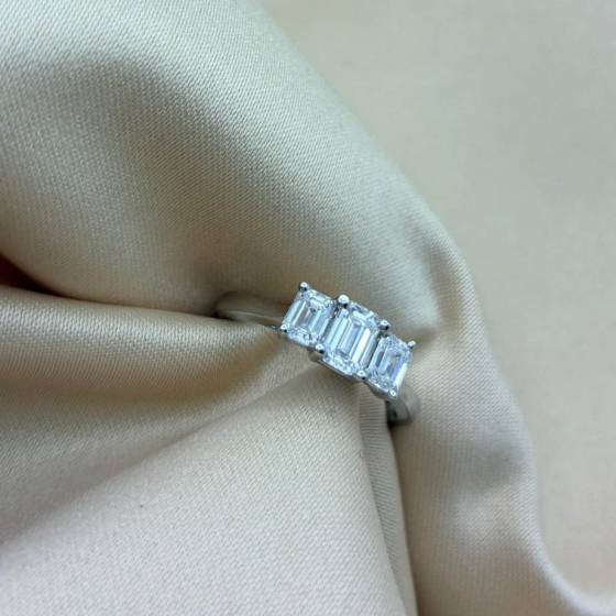 0.96ct VS/F-G Natural Emerald Cut Diamond Trilogy Ring in 18k White Gold